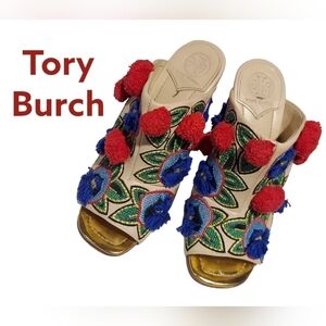 Tory Burch pom mules multi color womens size 5.5